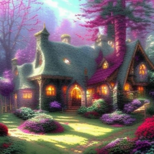 Ethereal Mansion in Misty Woods: A Fantasy Scene