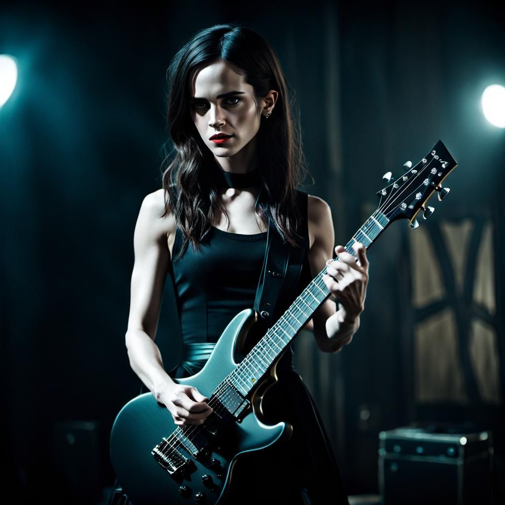 Gothic Girl Plays Guitar: Cinematic Film Still