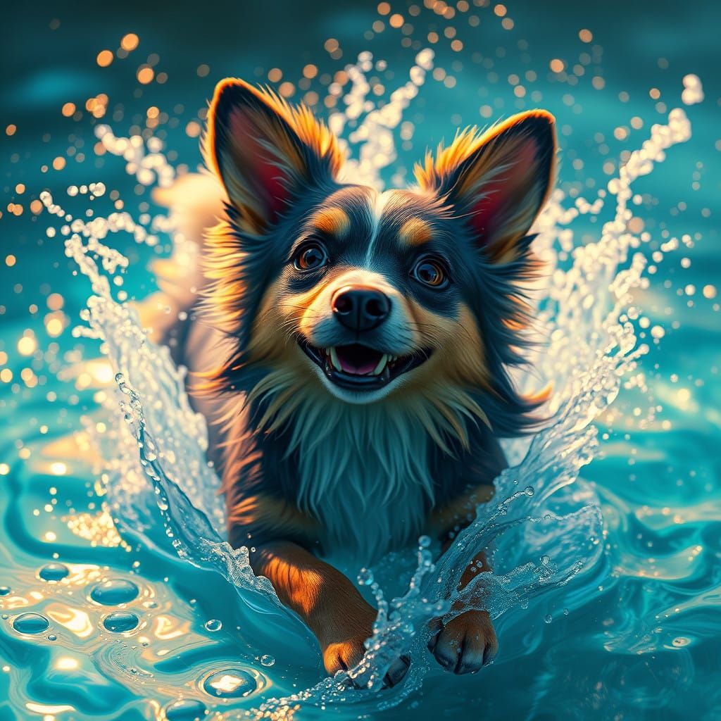 Vibrant Dog Plays in Iridescent Pool