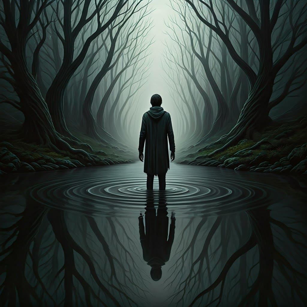 Tortured Figure at Lake's Edge, Gazing into Haunted Reflecti...