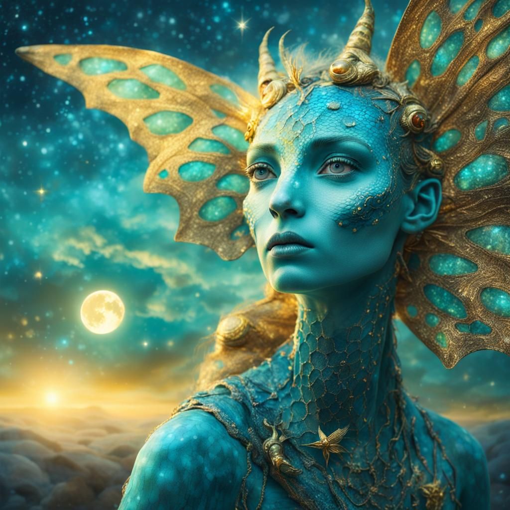Turquoise Fairy in Starry Sky: Surreal Image