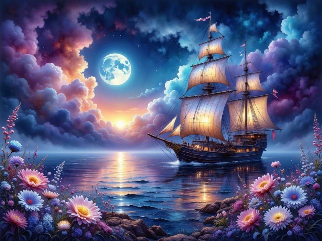 Majestic Sailing Boat on Mystical Sea with Glowing Flowers