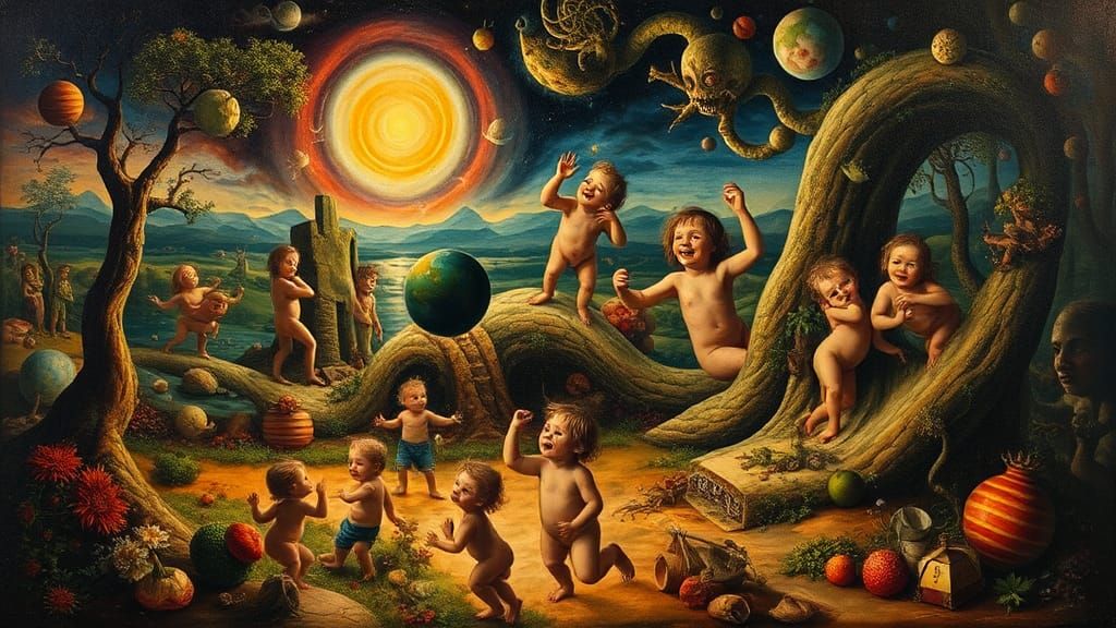 Surreal Landscape with Children in Bosch Style