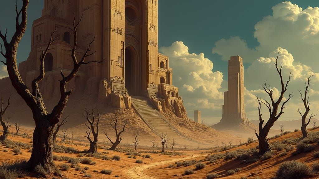 Brutalist Tower in Arid Desert Landscape