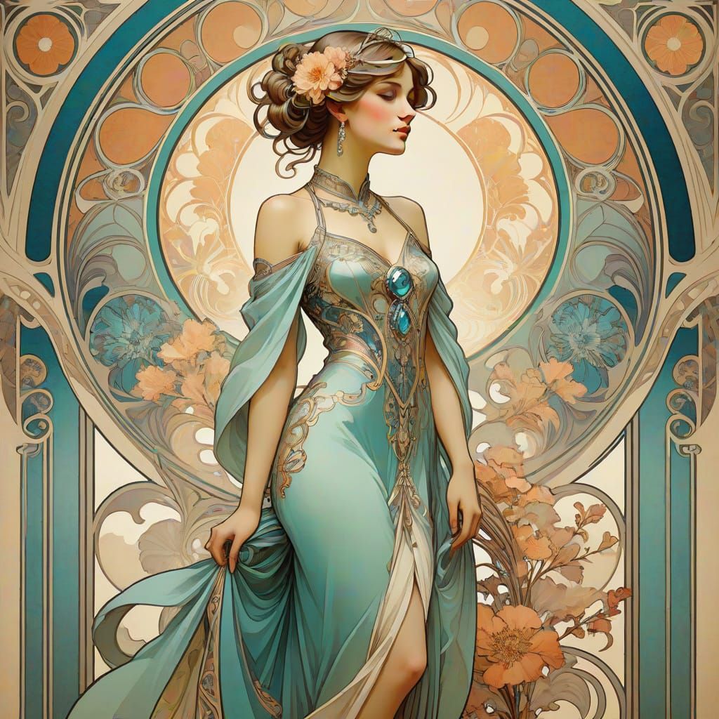 Elegant Art Nouveau Portrait of a Young Woman in Deco Style ...