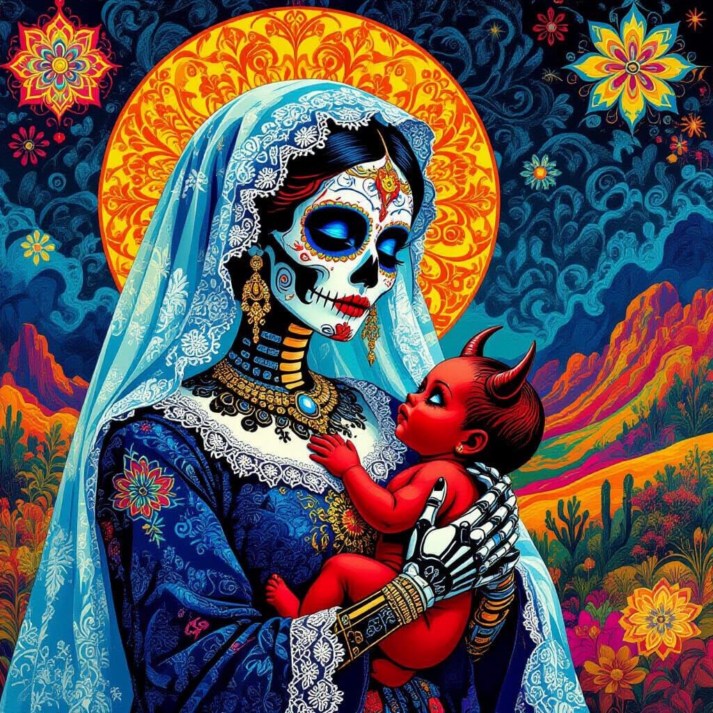 La Calavera Catrina with Devil Baby in Surreal Mexican Lands...