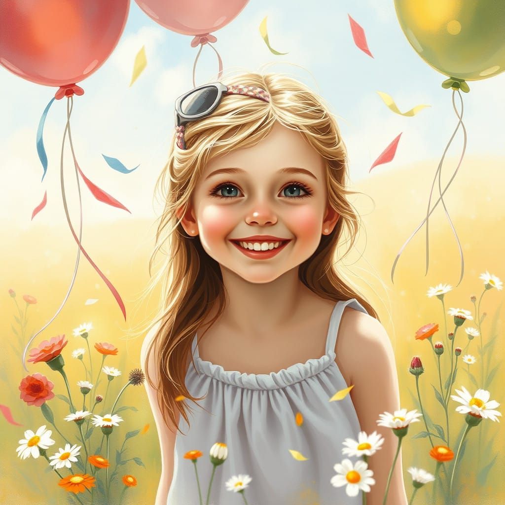 Sunny Impressionist Scene with Happy Young Girl and Colorful...