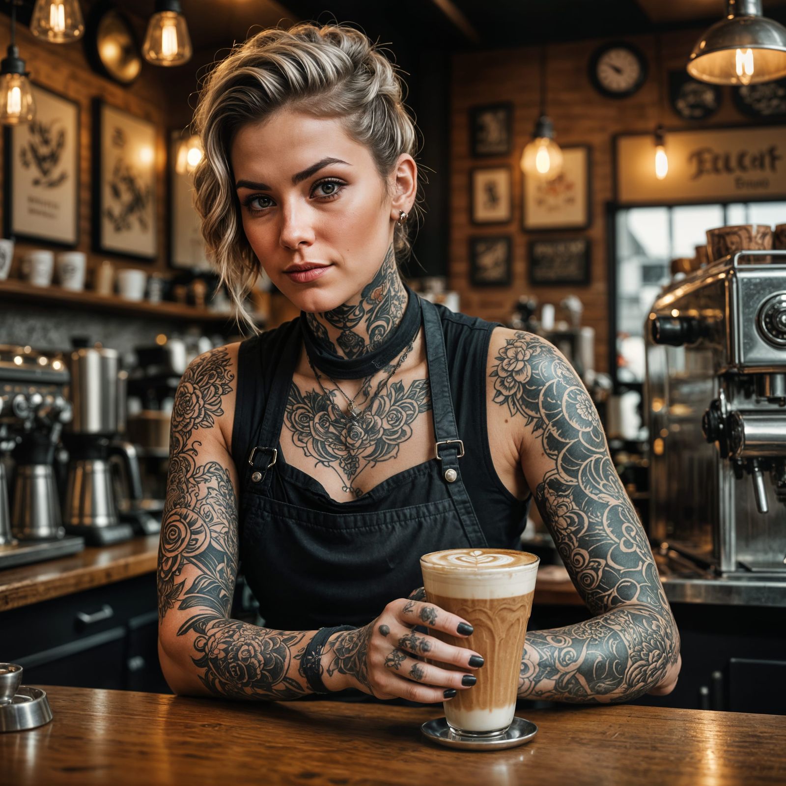 Hyperrealistic Tattooed Barista Serving Latte