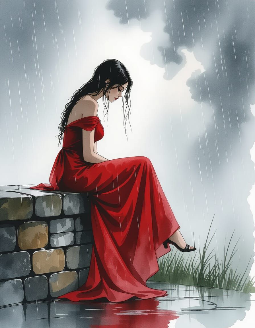 Romantic Woman in Red Dress in Rainstorm Watercolor