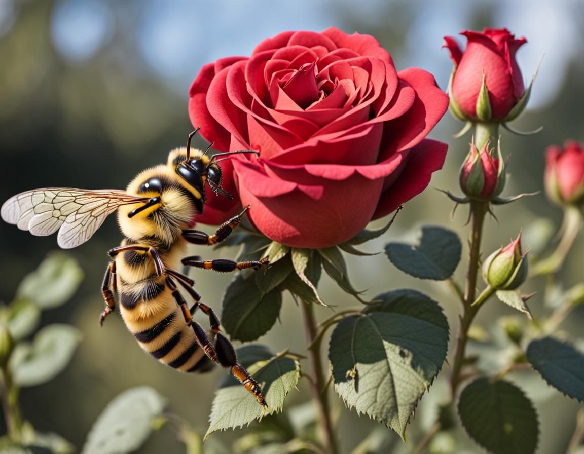 Bee Carrying a Rose Flower