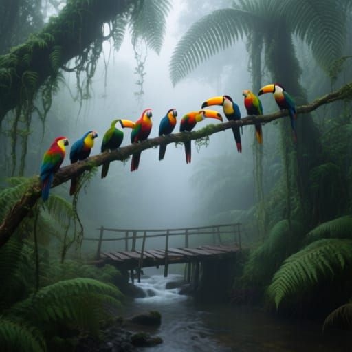 Misty Rainforest Dawn with Exotic Birds and Ancient Bridge