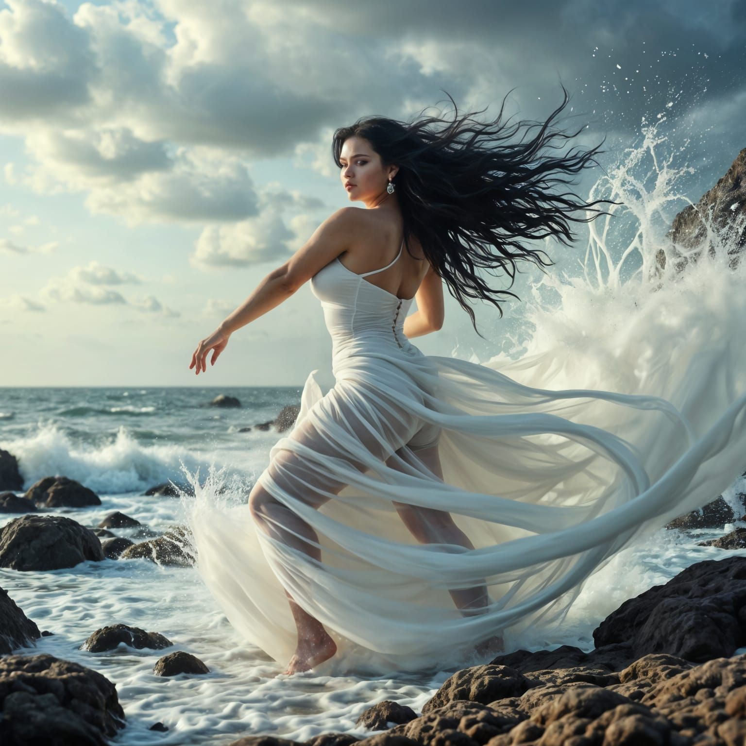 Hyperrealistic Beauty in Windswept Water Spray Style
