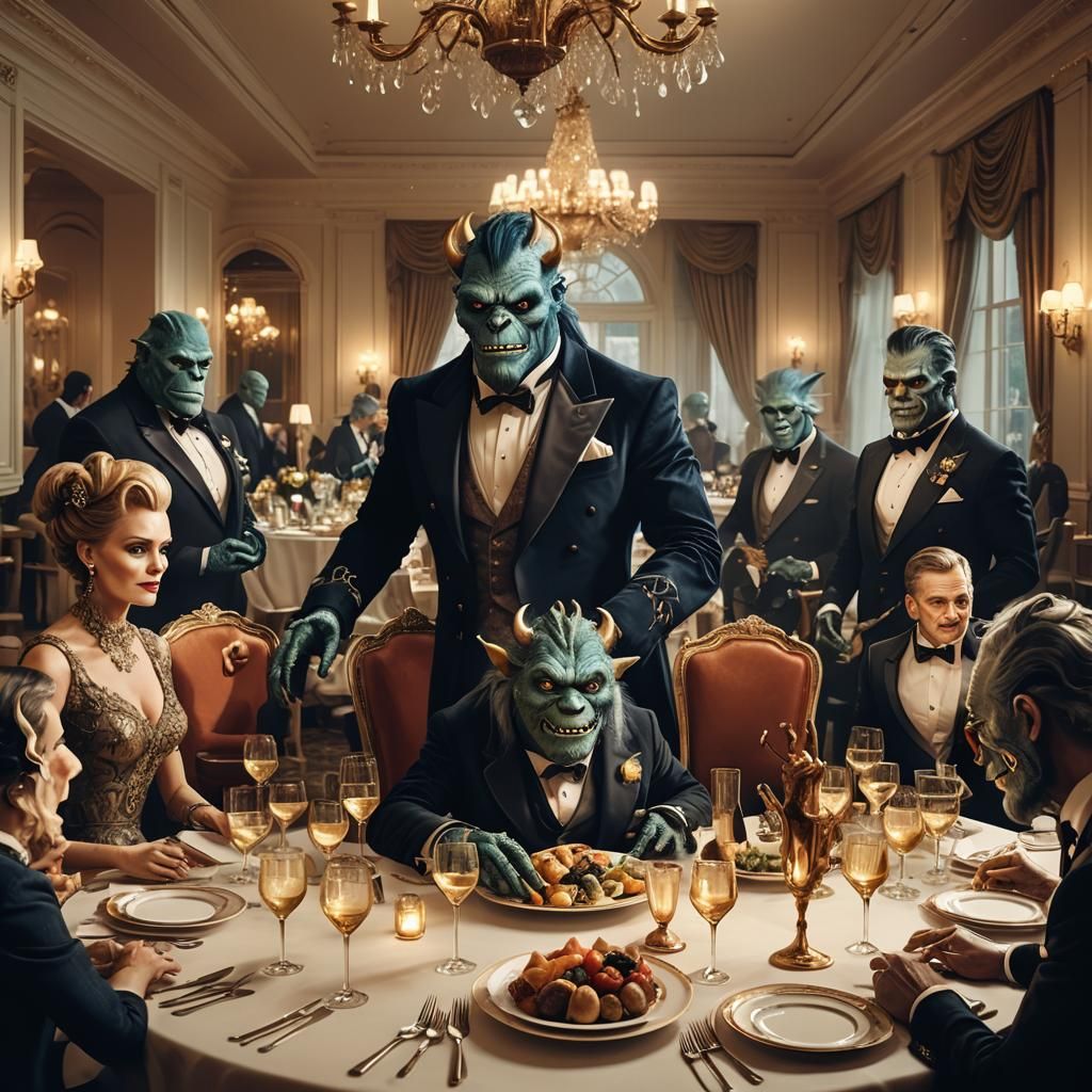 Elegant Monsters at Luxury Dinner Party in Ballroom