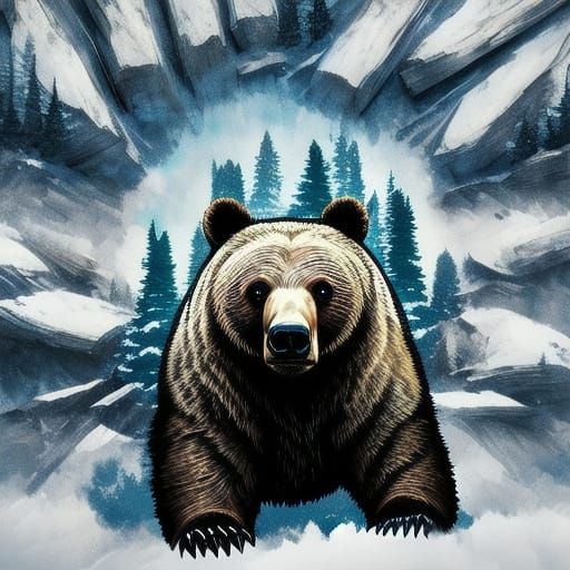 Portrait of a Young Bear in Snowy Forest, Double Exposure Su...