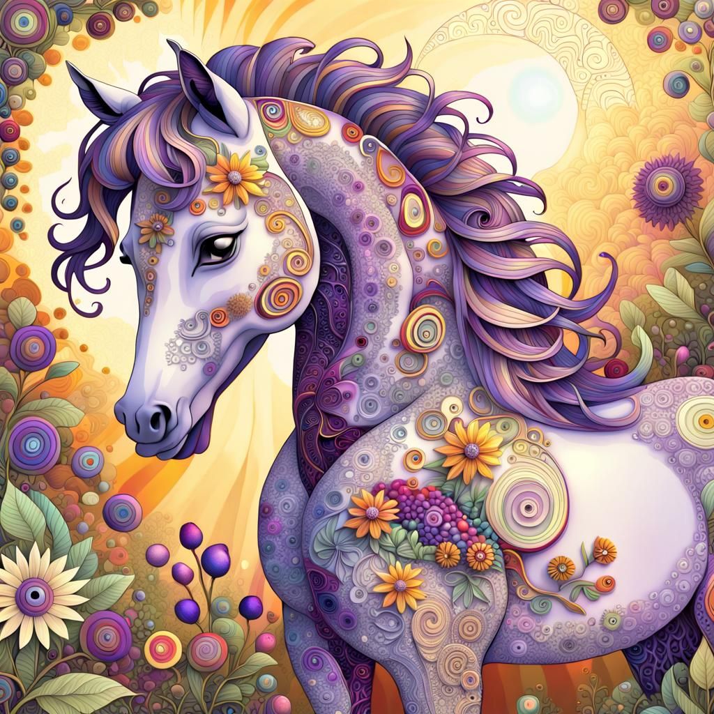 Vibrant Fractal Garden Horse in Whimsical Style