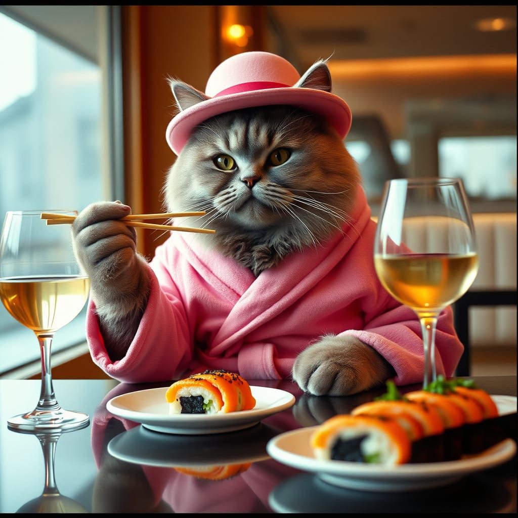 Gray Cat Enjoys Sushi in Cinematic Style