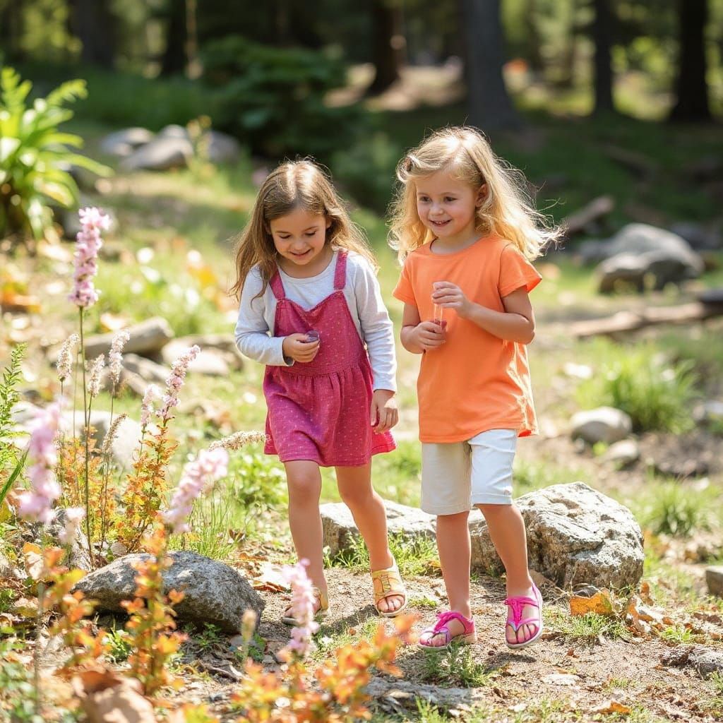 Daughters Explore Sunny Forest Trail