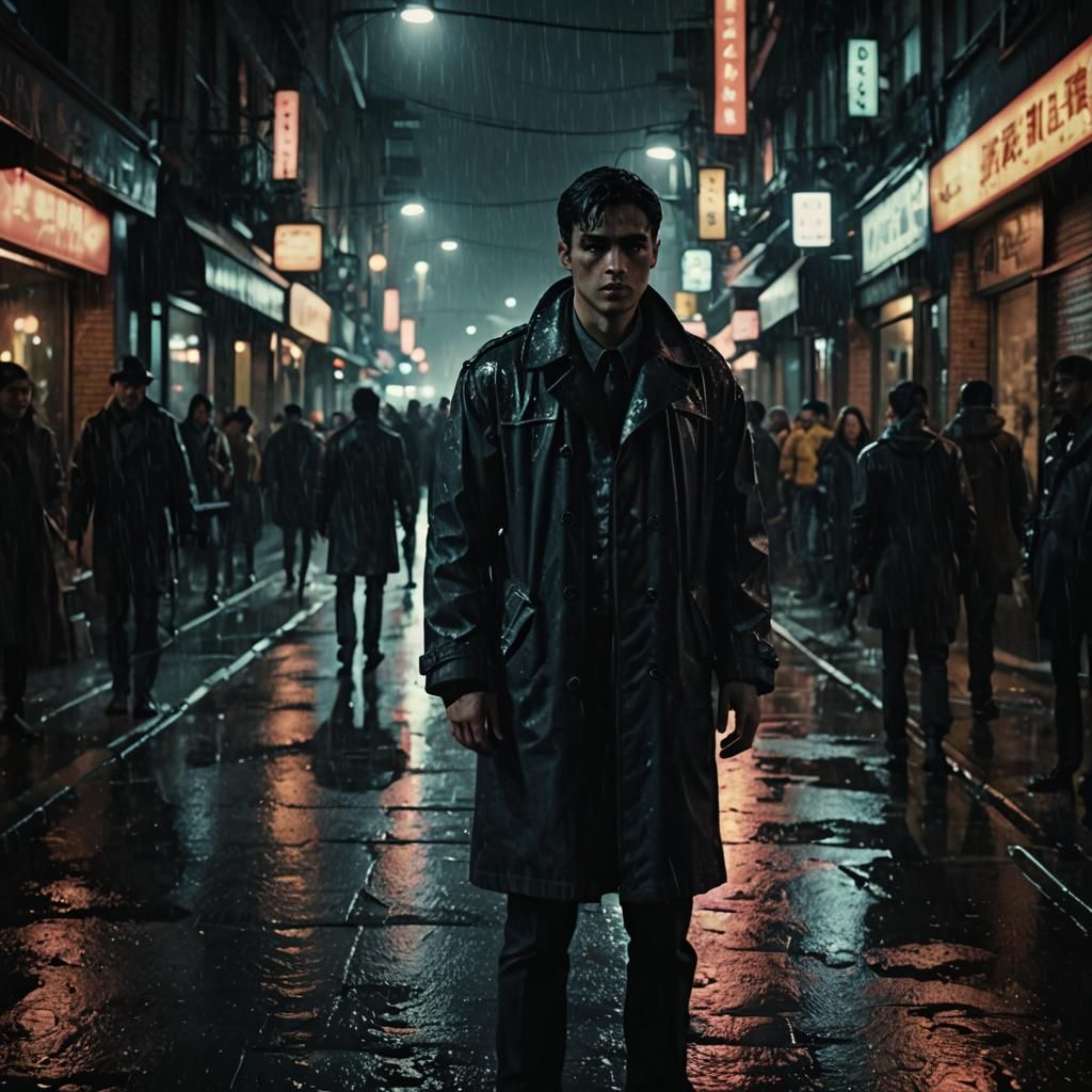 Moody Film Noir: Sigma Person in Rainy City