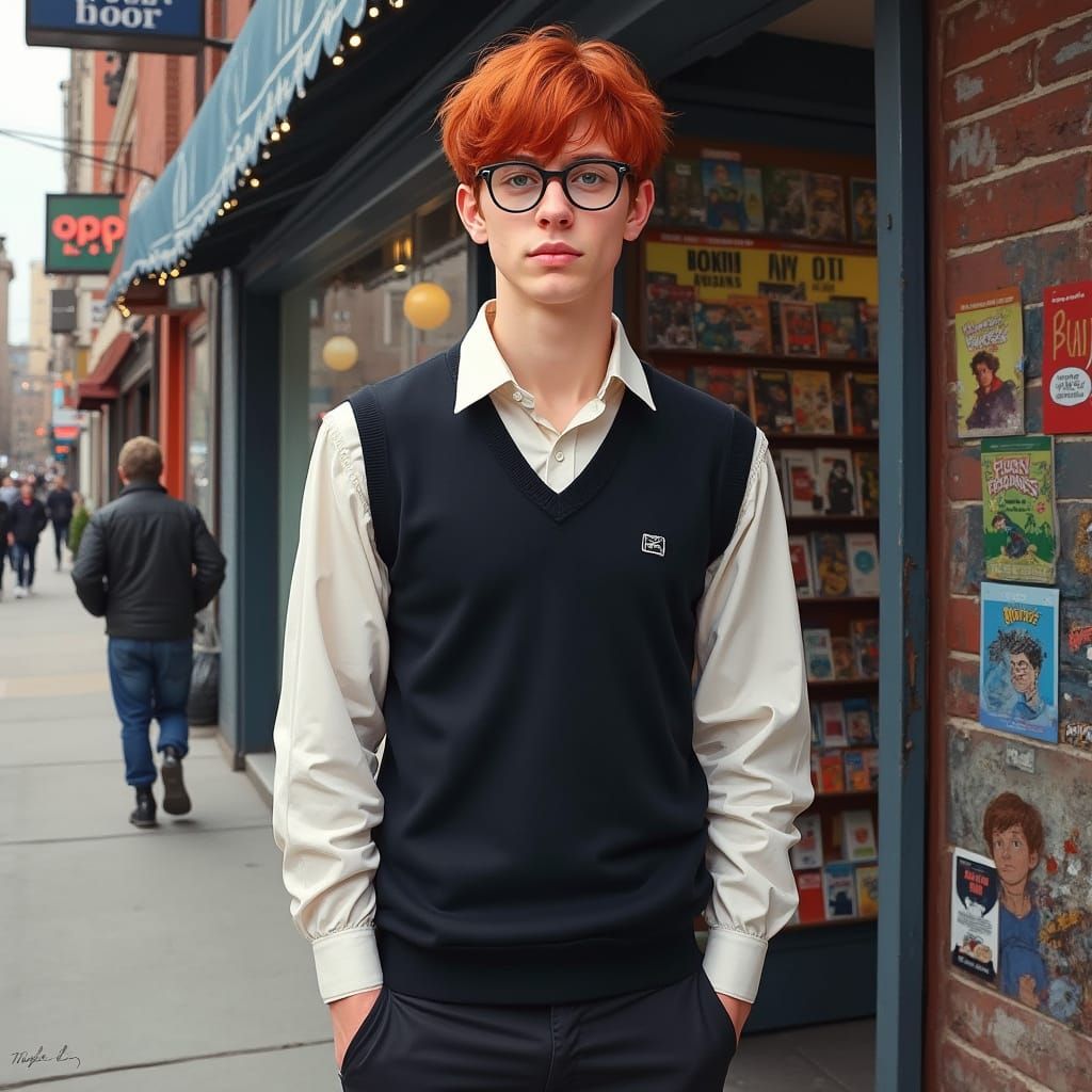 Hyperrealistic Portrait Outside Comic Shop, Detailed Style