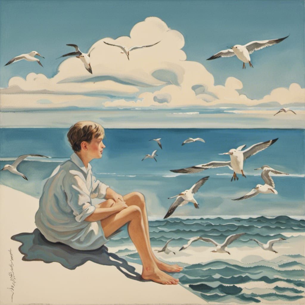 Boy Jumps on Beach in Fantasy Concept Art