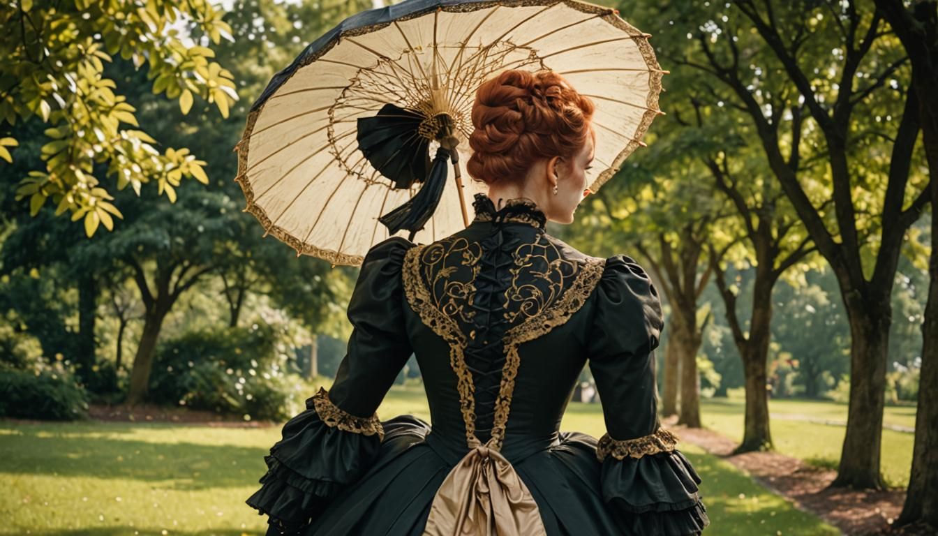 Victorian Woman with Parasol in Black and Gold