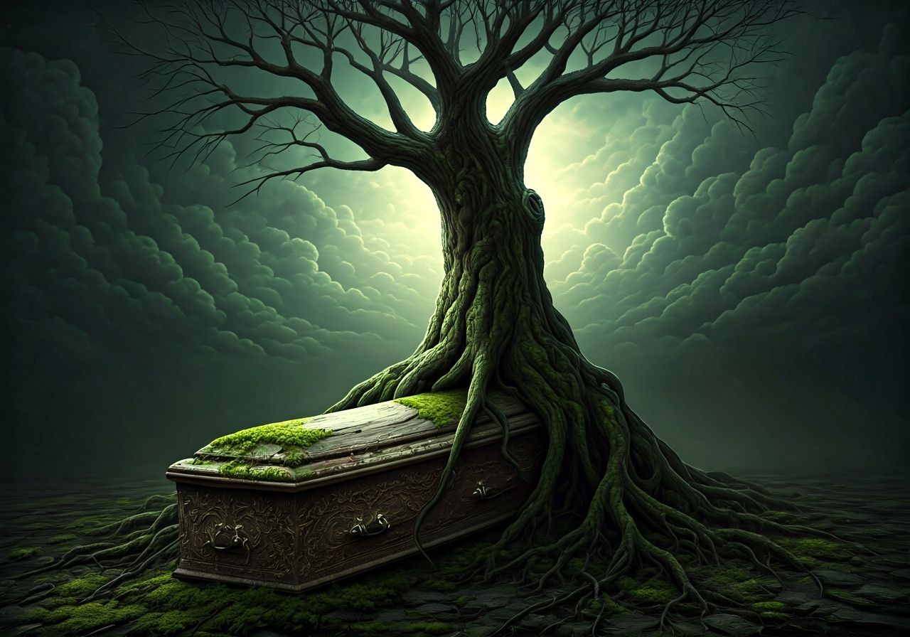 Ancient Tree Grows From Coffin in Dark Fantasy Style