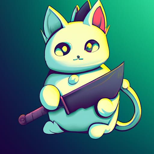 Cute Kawaii Kitten with Knife in Abstract Art