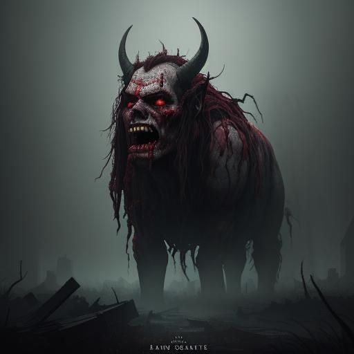 Eerie Red Zombie in Mystical Ruin: Dark Fantasy Art