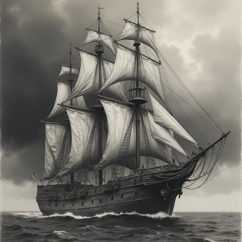 Vintage Sailing Vessel in Beksiński-style Charcoal Drawing