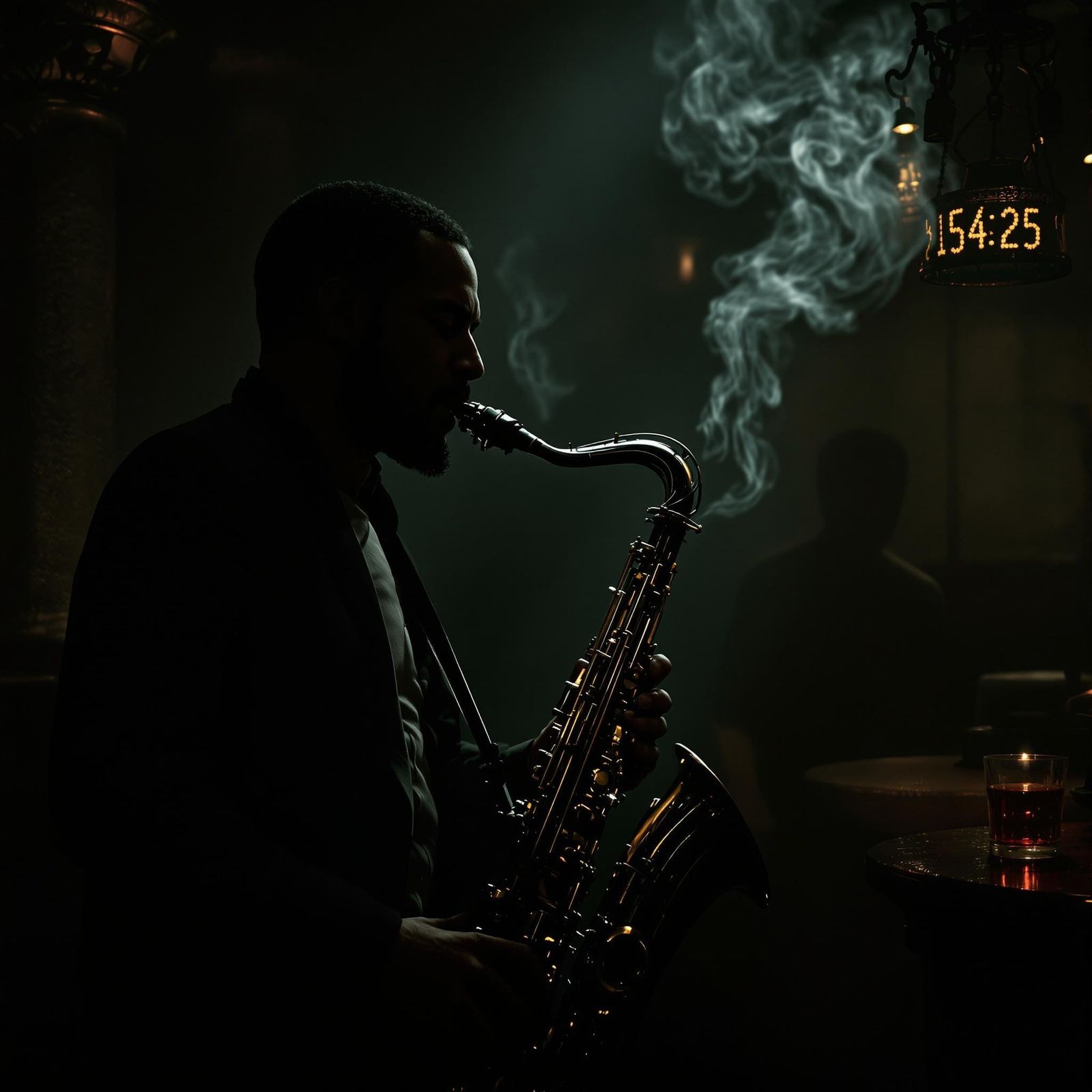 Smoky Jazz Club Saxophonist in Gritty Realism Style