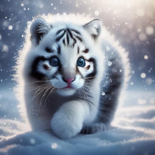 White Tiger in Snow, Digital Watercolor Art