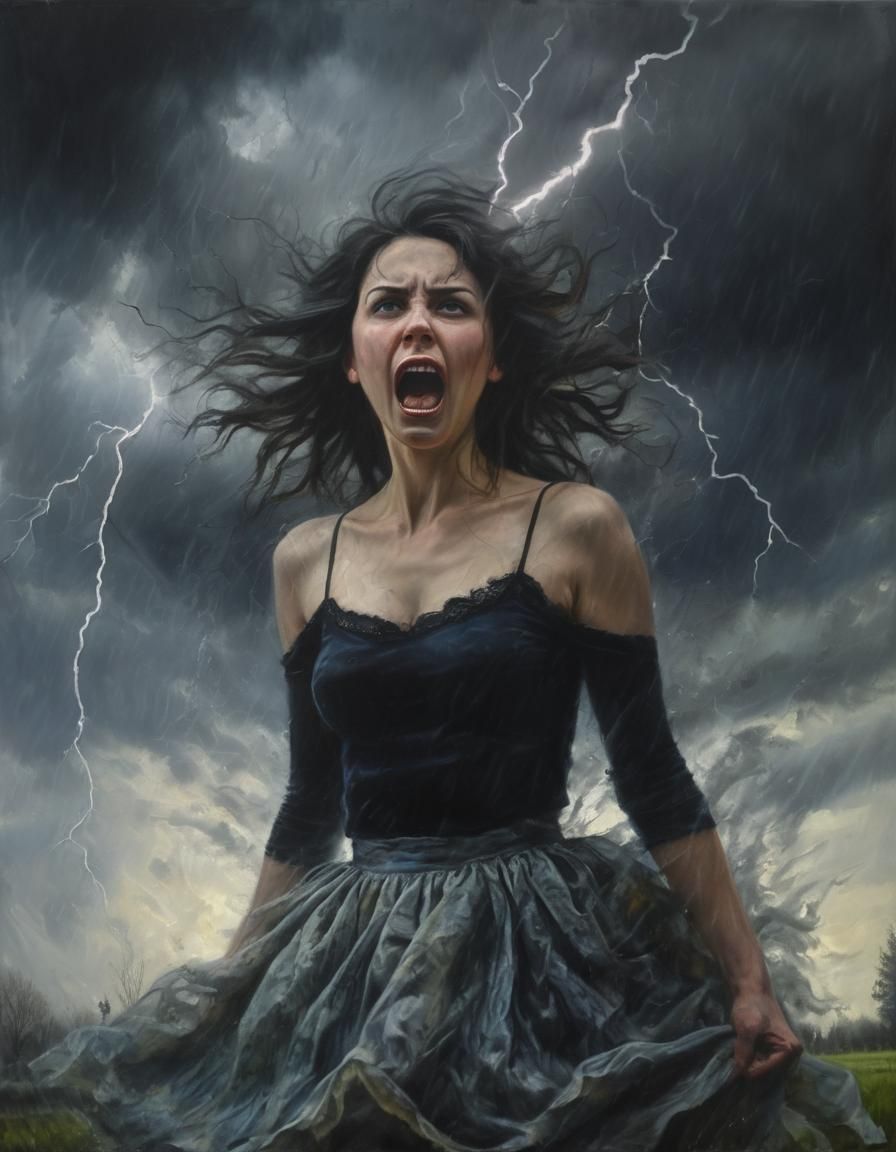 Ethereal Woman in Storm, Chiaroscuro Oil Painting