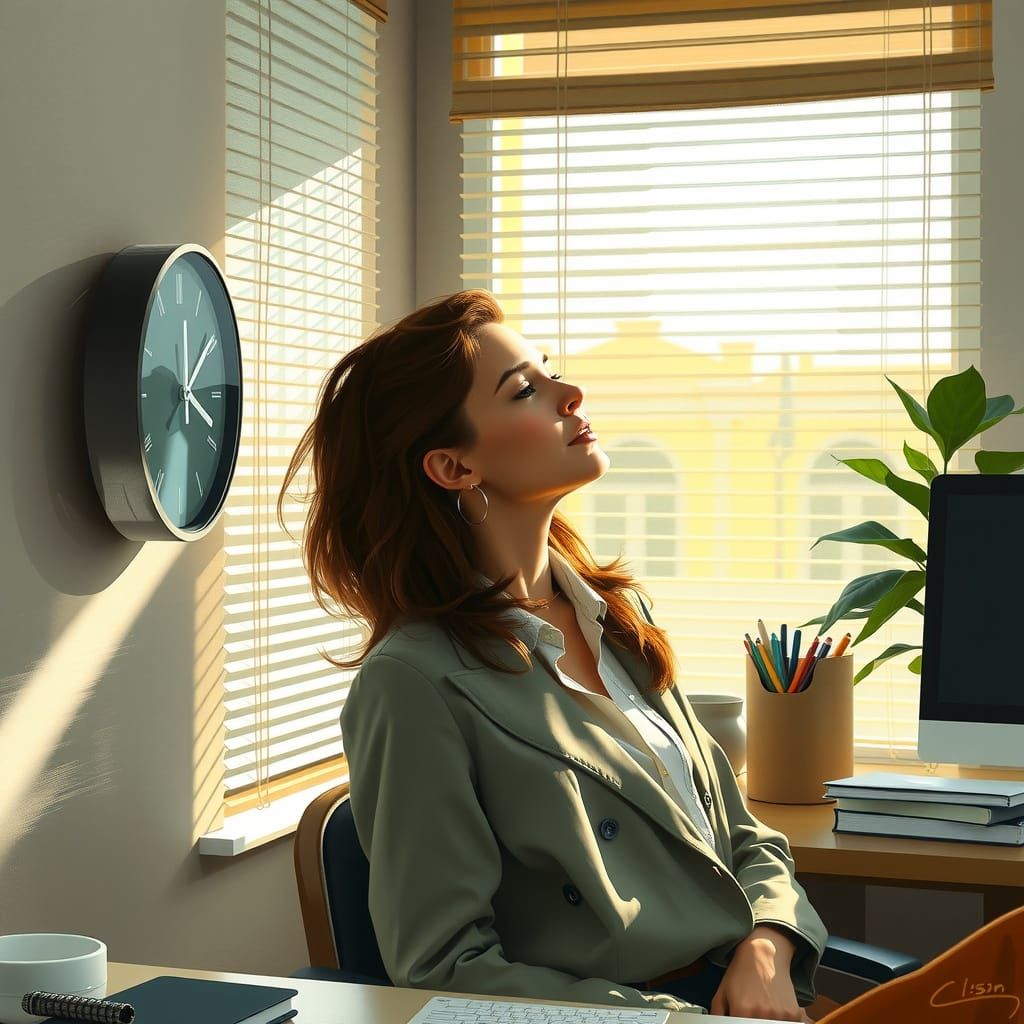 Serene Woman Lost in Thought as Friday Afternoon Arrives