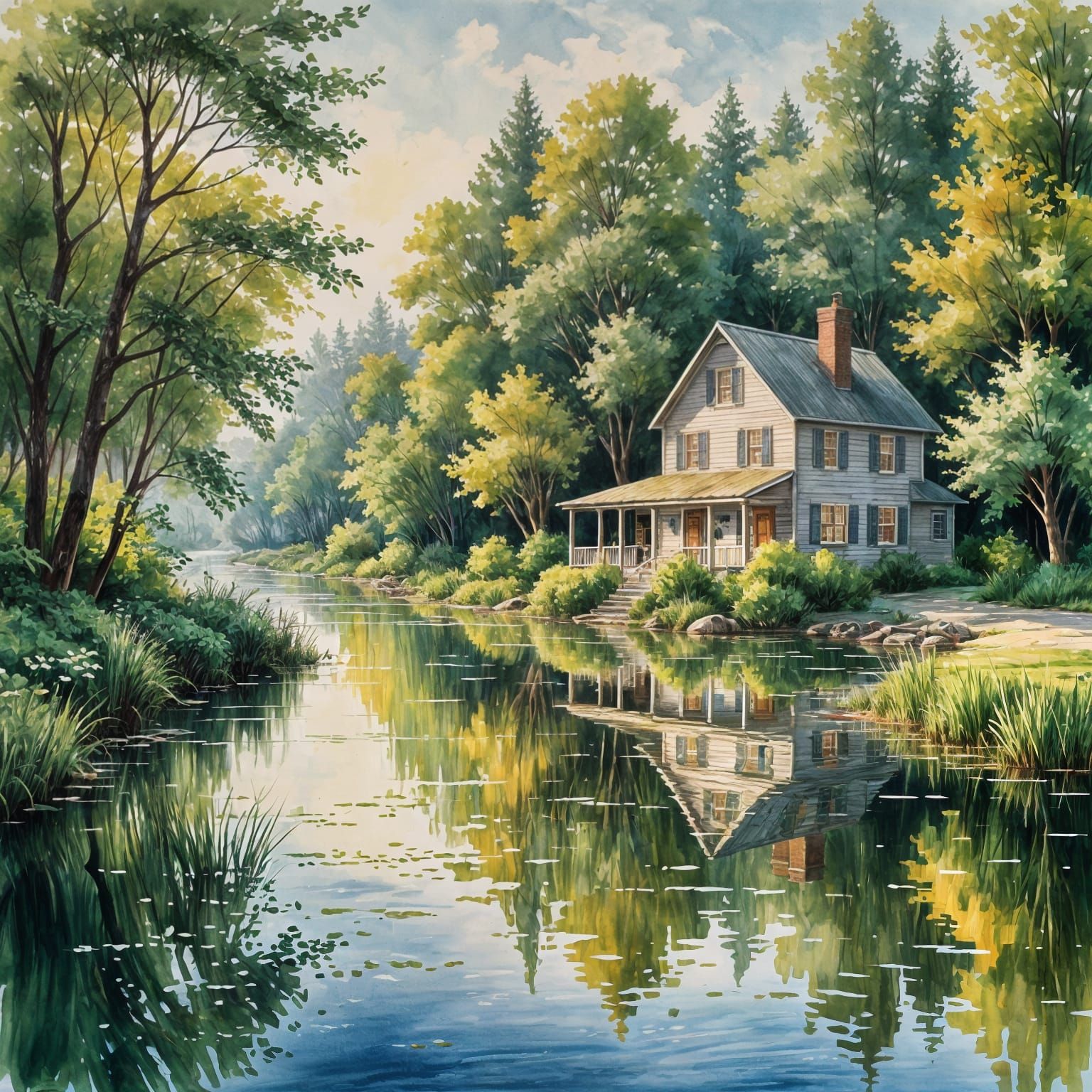 Watercolor River House in Morning Sunlight