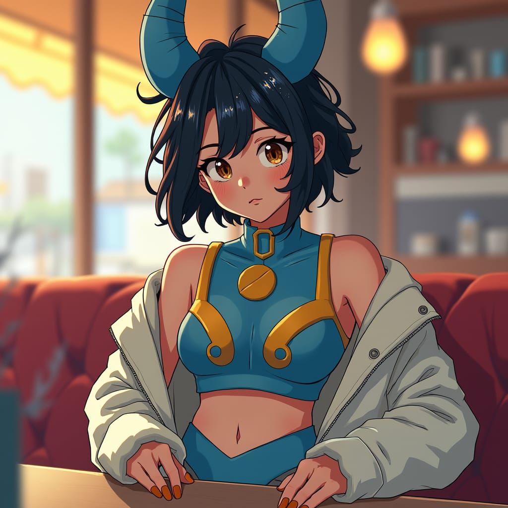 Lucario-Inspired Woman in Cafe, Graphic Adventure Style