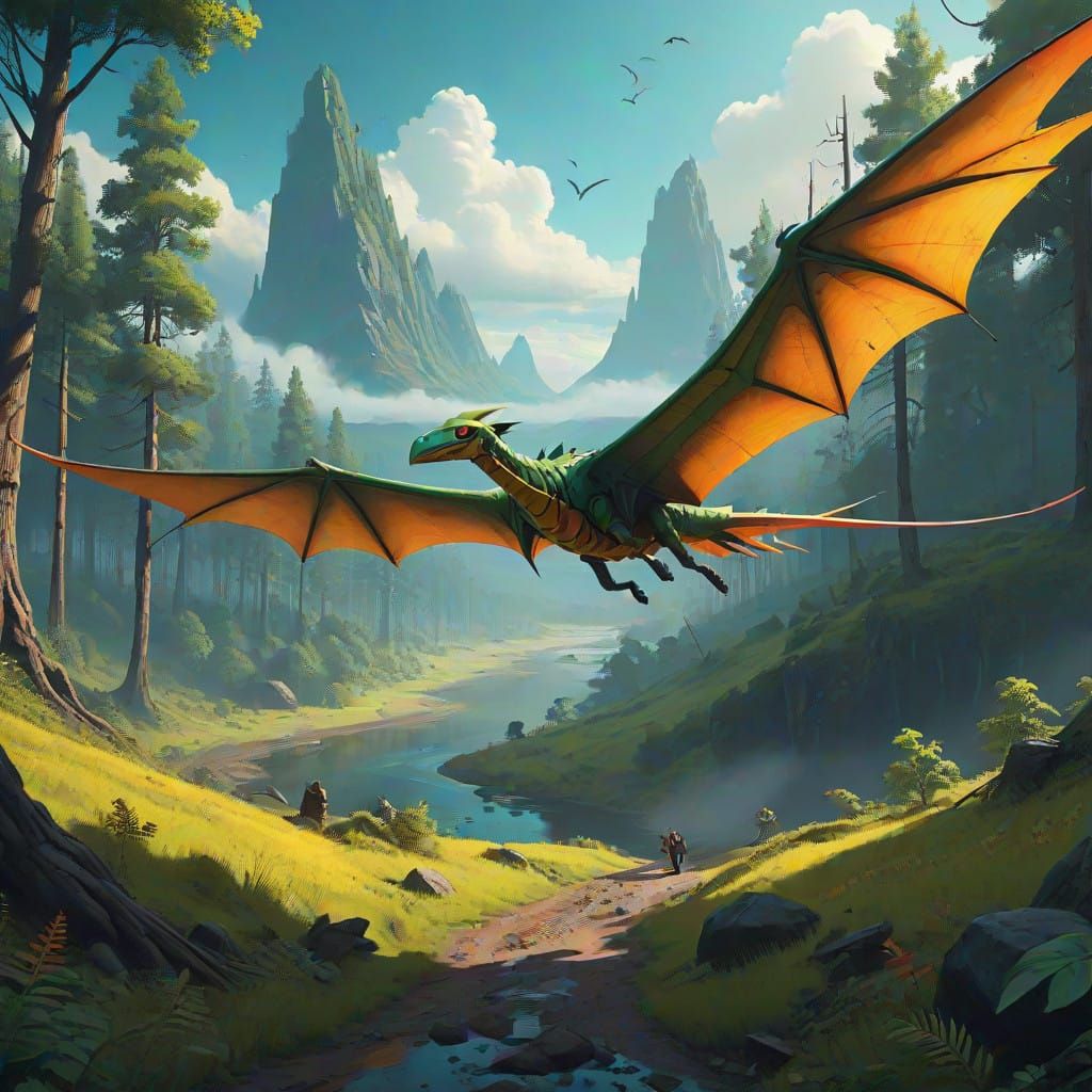 Majestic Pteranodon Soars Over Vibrant Lush Forest in Cyberp...