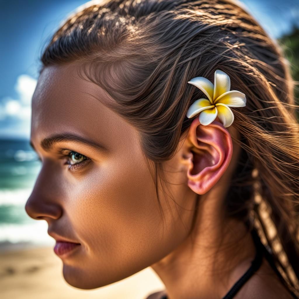 Female Beachgoer with Frangipani Flower: Hyperrealistic Phot...