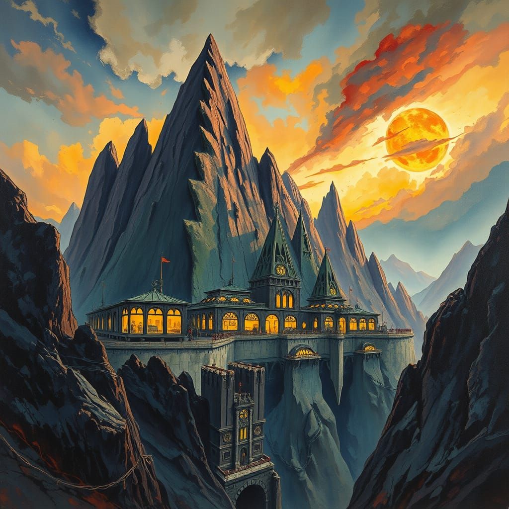 Menacing Supervillain Lair in Dramatic Mountain Landscape