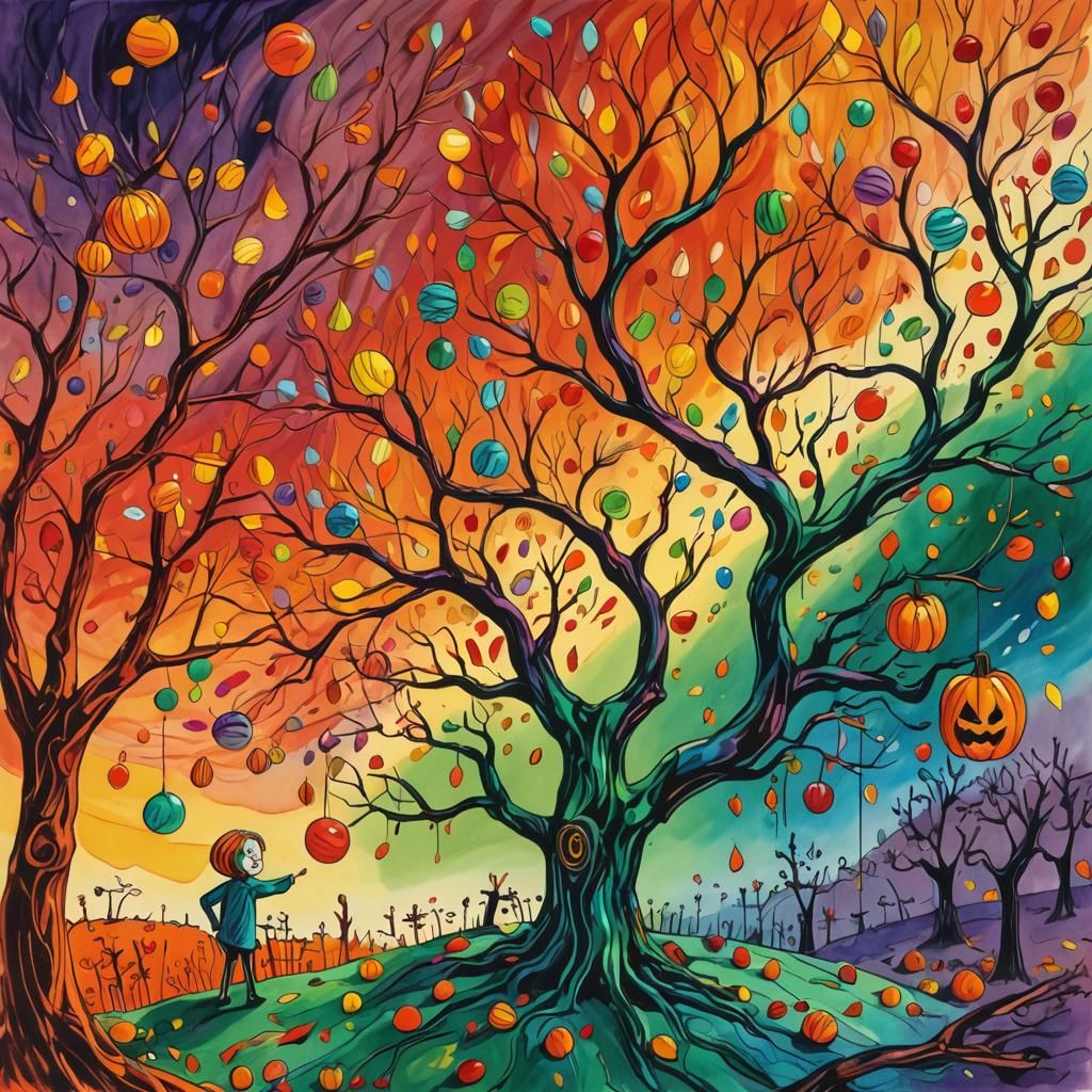 Dreamlike Halloween Tree with Candy, Fauvist Style