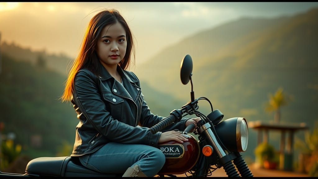 Confident Biker Girl in Indonesian Village Landscape