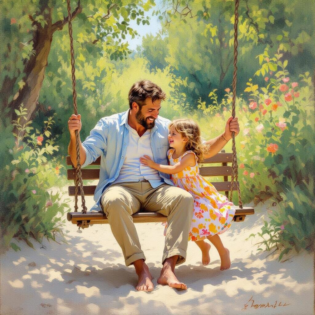 Father and Daughter on Swing in Impressionist Style