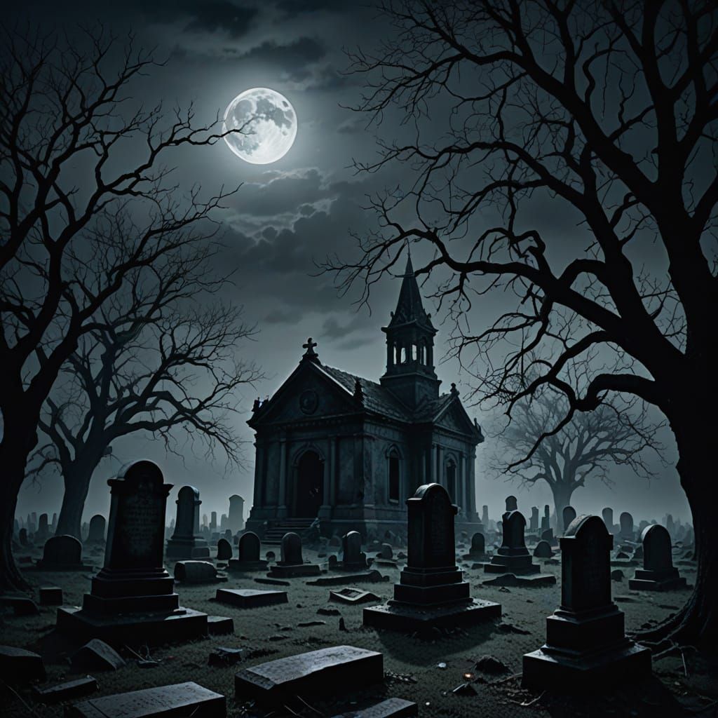 Mysterious Nighttime Cemetery Scene in Dark Digital Art