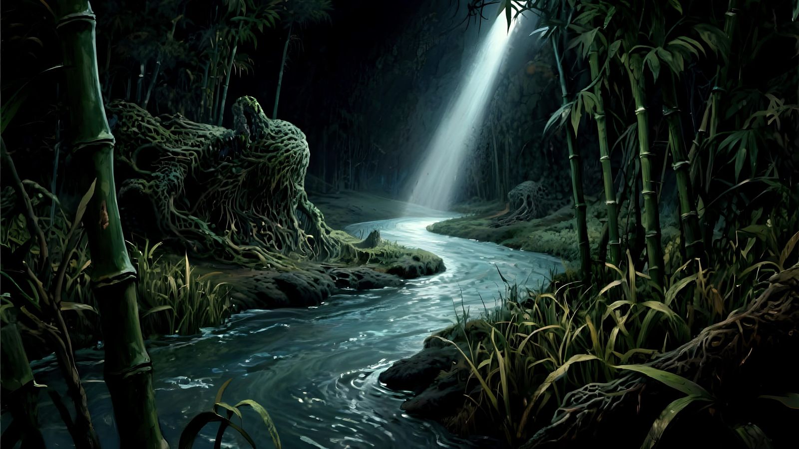 Surreal River Scene with Organic Horror and Painterly Detail...