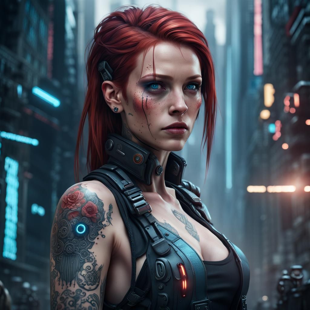 Cyberpunk Woman with Red Hair and Tattoos