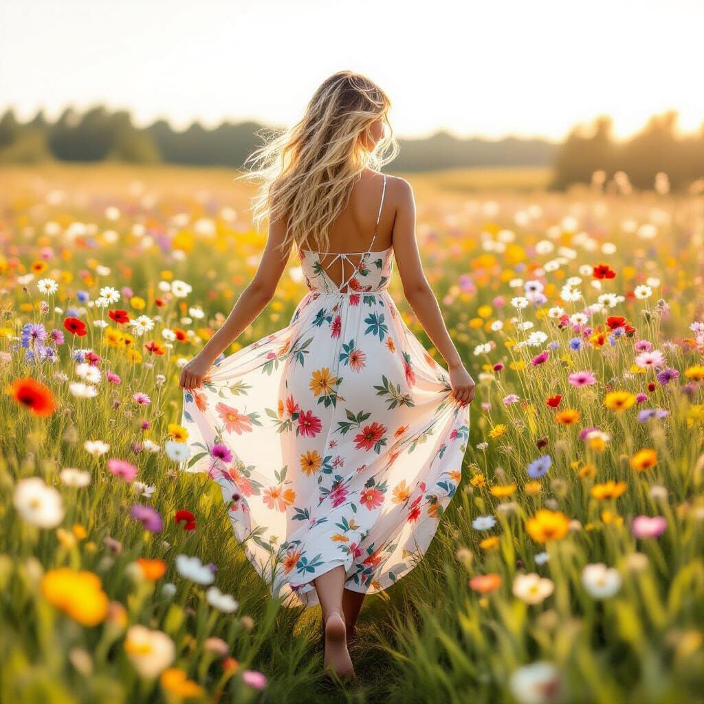 Woman in Blooming Field, Whimsical Art Style