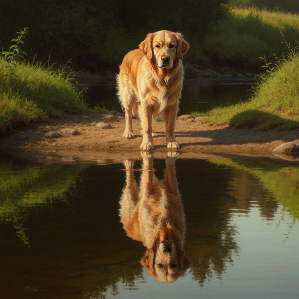 Dog Reflected in River: Realistic Animal Art