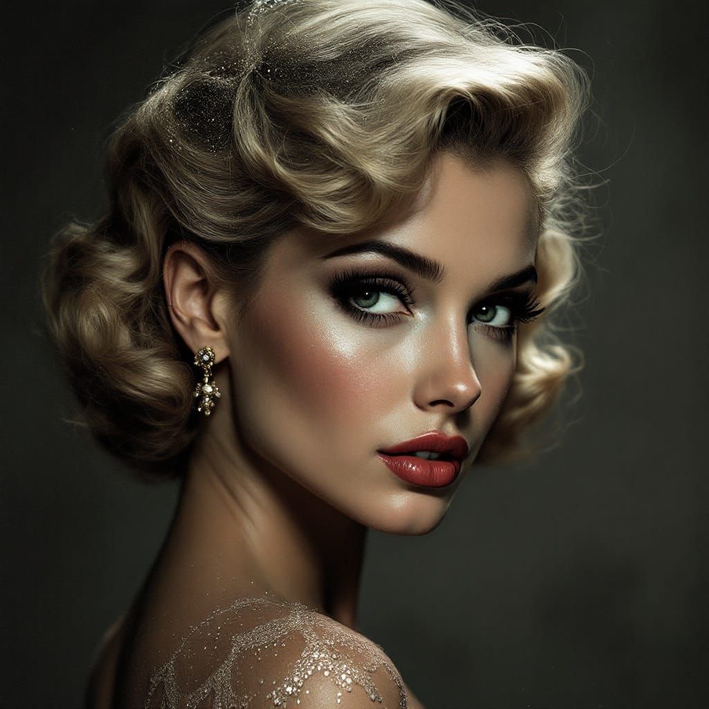 1950s Pin-Up Portrait in Charcoal Pointillism Style