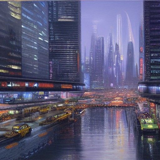 Futuristic Cityscape in Oil Painting Style
