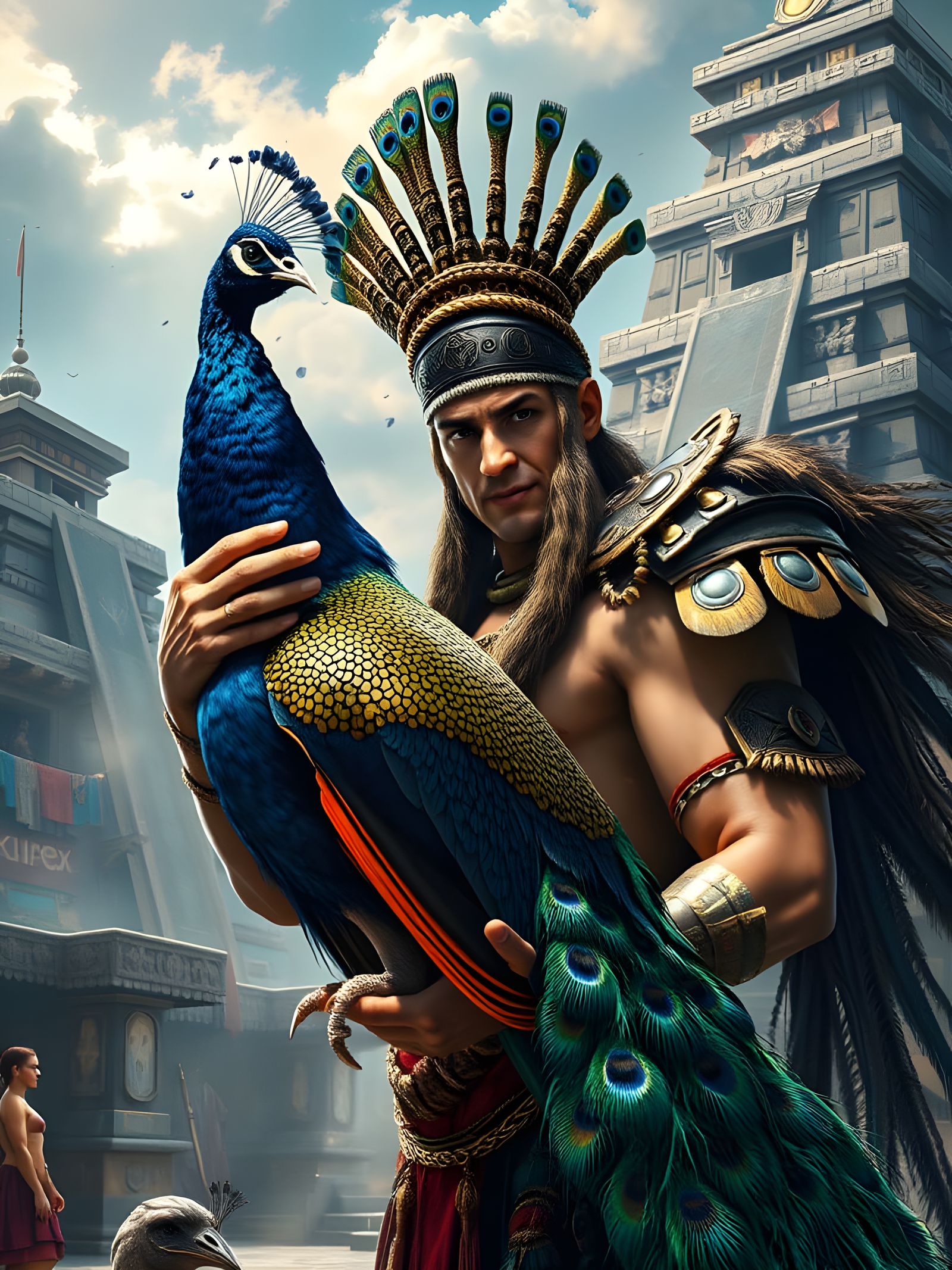Aztec Warrior Adores Majestic Peacock