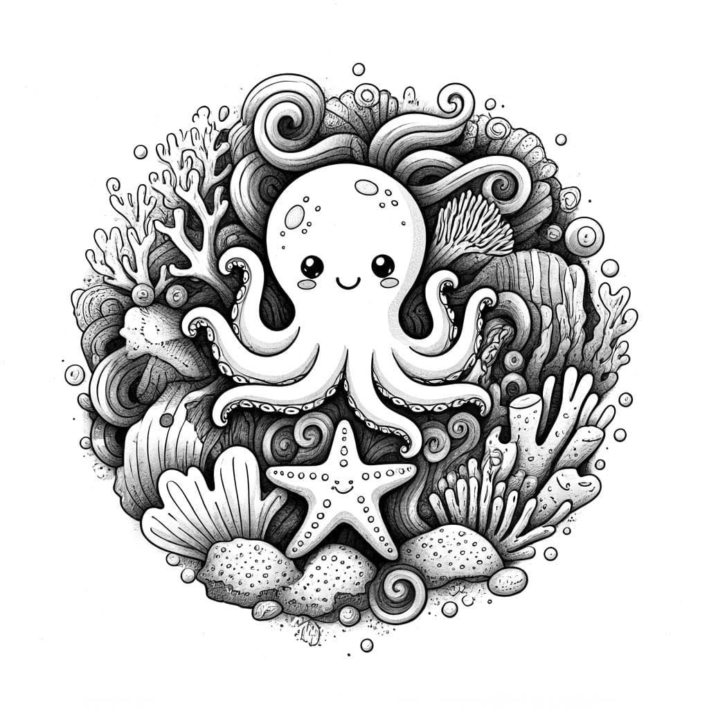 Kawaii Underwater Scene in Whimsical Black and White